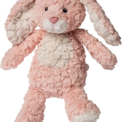 Pink plush bunny toy on a white background