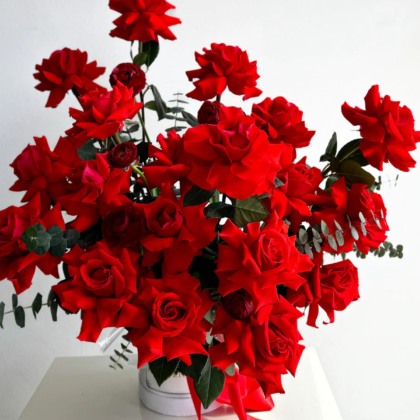 Flower Box Frenchy- Style Red Nina Roses Ranunculus Eucalyptus