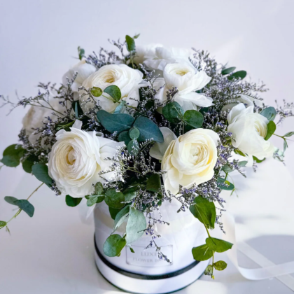 White Ranunculus with Eucalyptus in Round Box