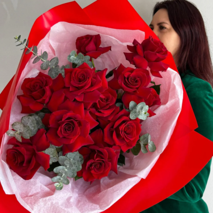 Hand-Fluffed Red Explorer Roses with Eucalyptus | Beauty & Elegance