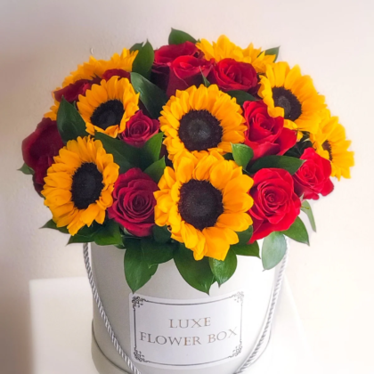 Sun-Kissed Radiance Sunflowers and Red Roses Flower Box