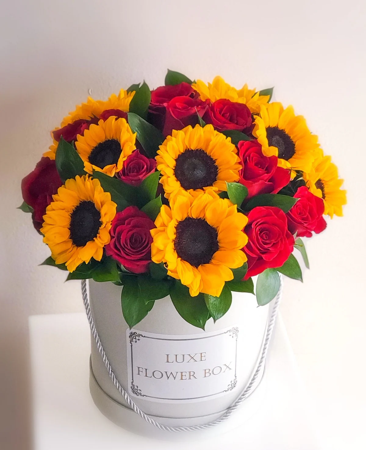Sun-Kissed Radiance Sunflowers and Red Roses Flower Box