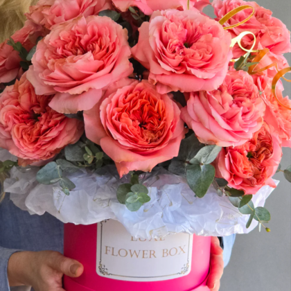 Pink Expression Roses with Eucalyptus Flower Box