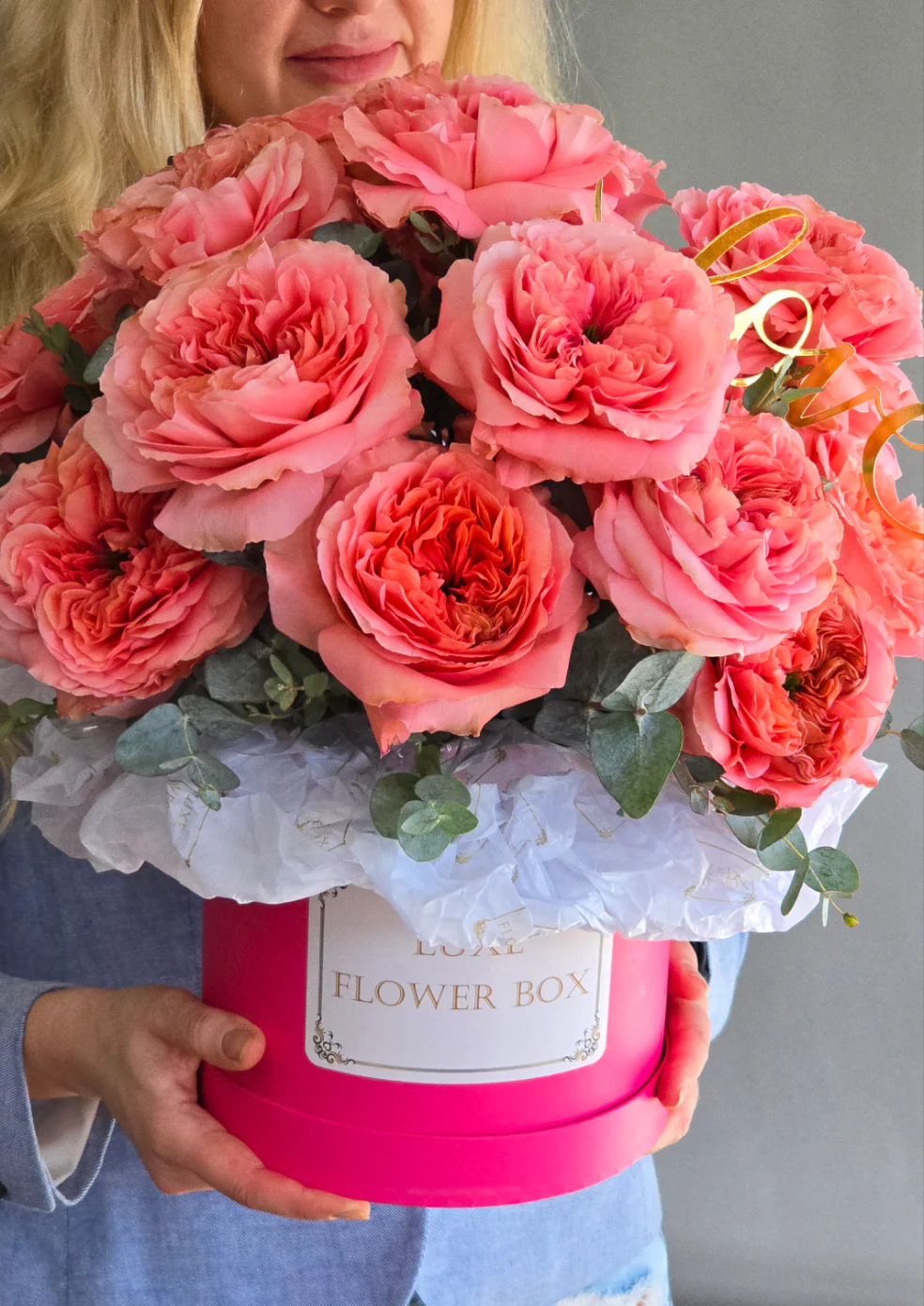 Pink Expression Roses with Eucalyptus Flower Box