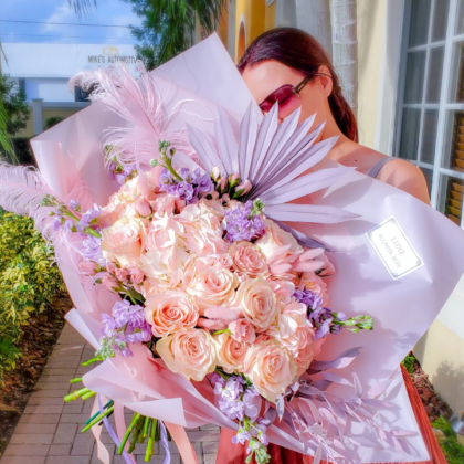"Violet Dream" Arrangement - Roses, Hydrangea, Feather, Dried Flowers