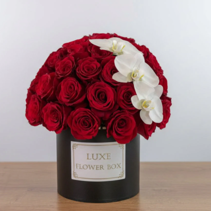 Roses in a Box with Three Phalaenopsis Orchids