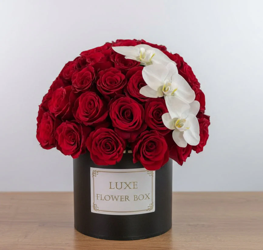 Roses in a Box with Three Phalaenopsis Orchids