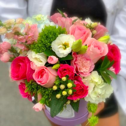 "Natalie" Flower Box Hydrangea, Roses, Lisianthus