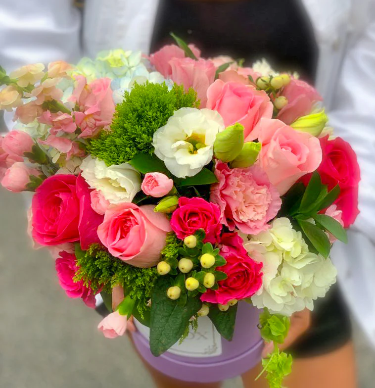 "Natalie" Flower Box Hydrangea, Roses, Lisianthus